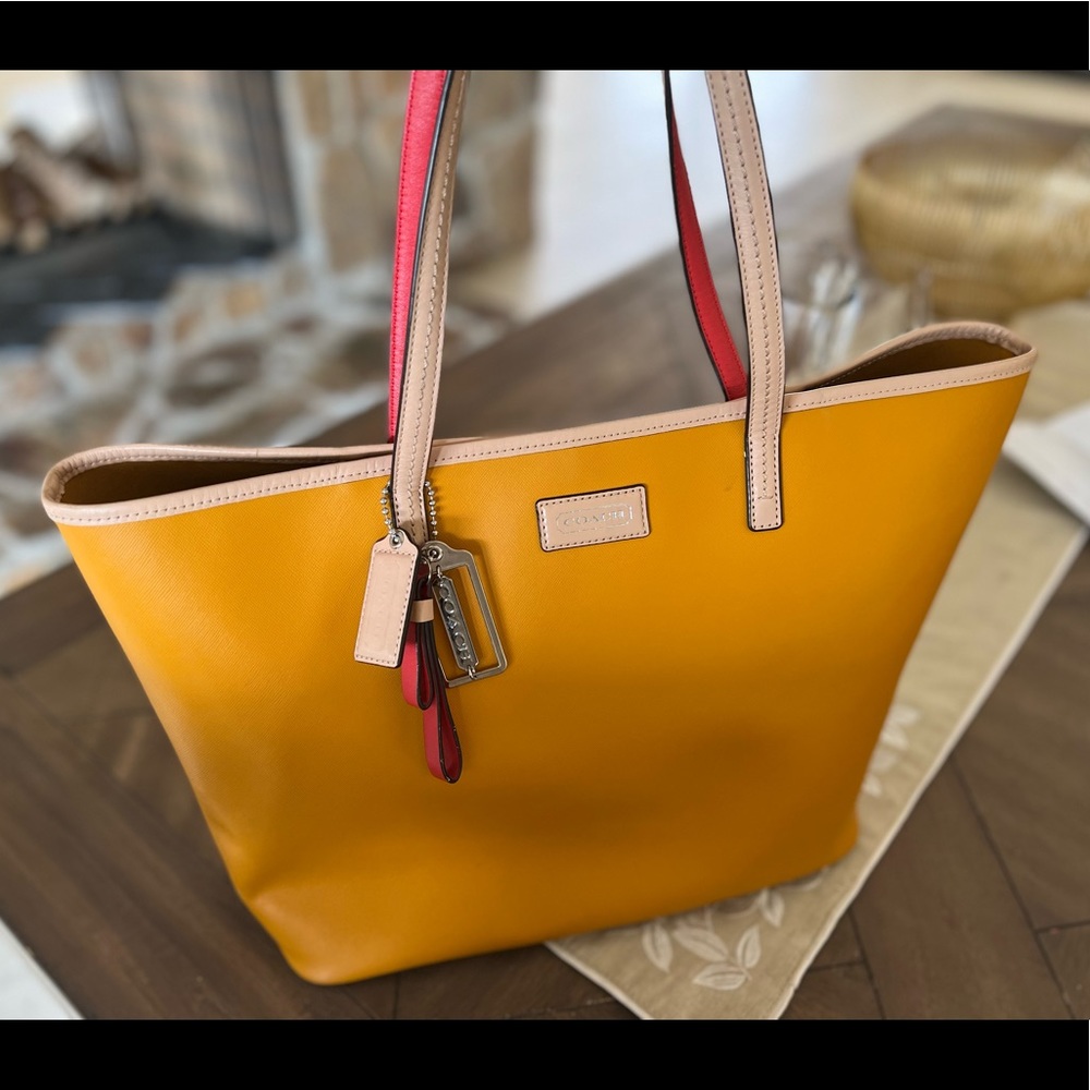 COACH Metro Yellow & Tan Saffiano Leather Large Tote Bag #F24341